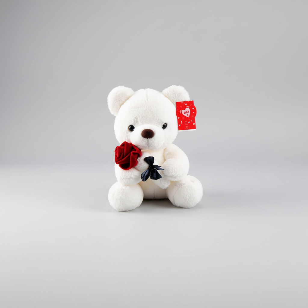 White teddy bear holding a red rose with a black bow on a white background