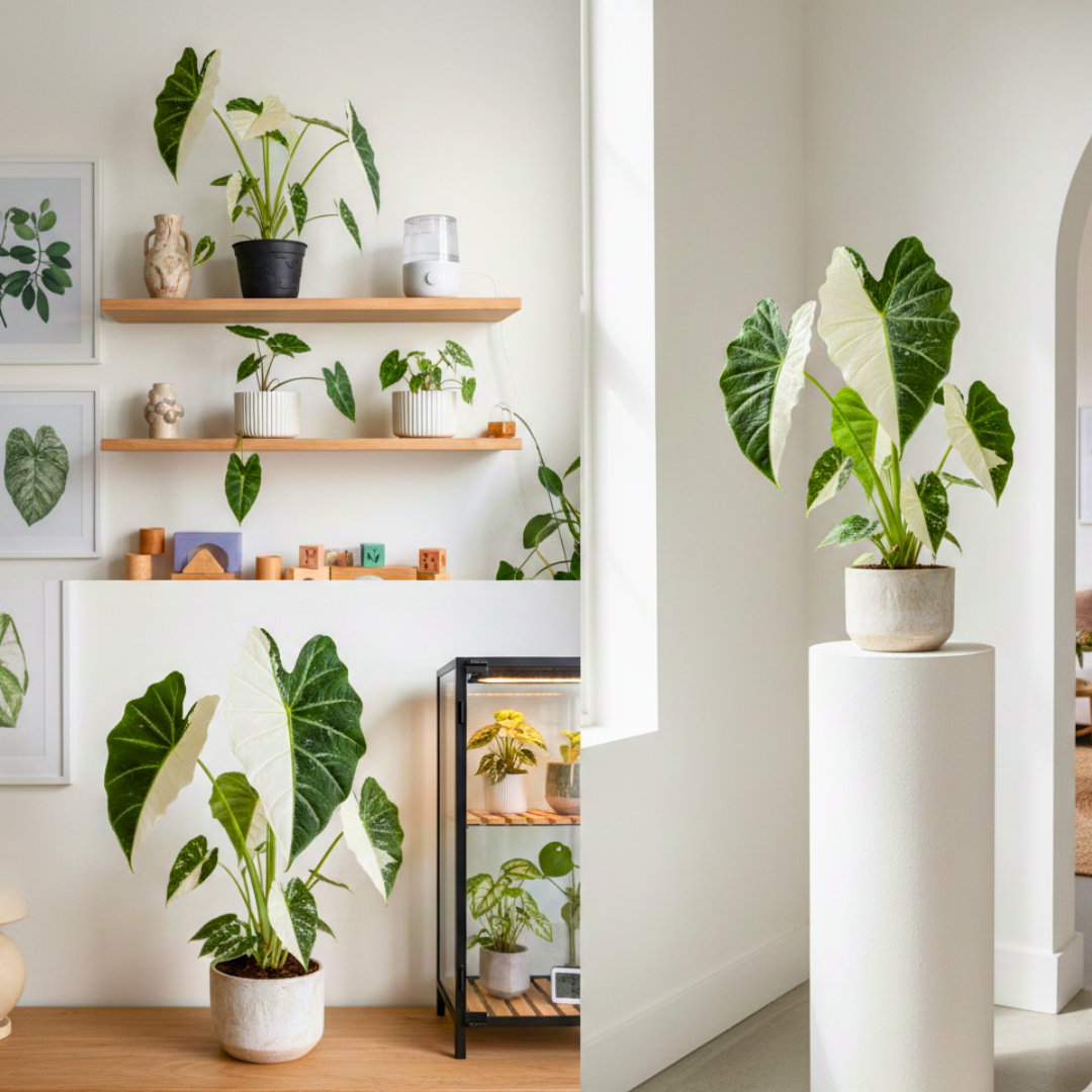 Indoor setting with various potted plants on shelves and surfaces.