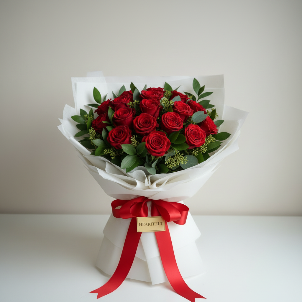 Bouquet of red roses wrapped in white paper with a red ribbon on a light background